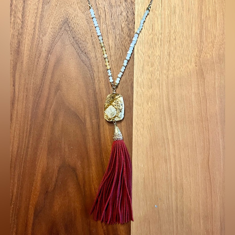 Long Gold Necklace with Maroon Tassle